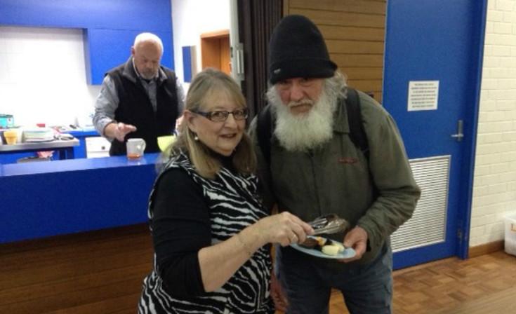 Volunteer Barb Dawe with Steve at the Pilgrim Centre.